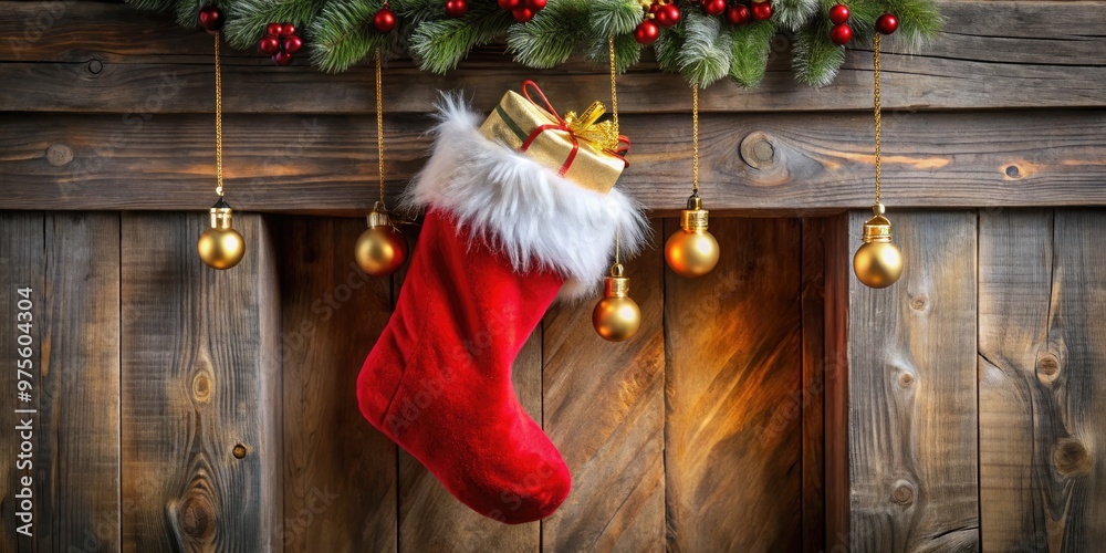 Obraz premium A festive red Christmas stocking with white fur trim and jingling golden bells hangs from a rustic wooden mantle, ready for holiday treats.