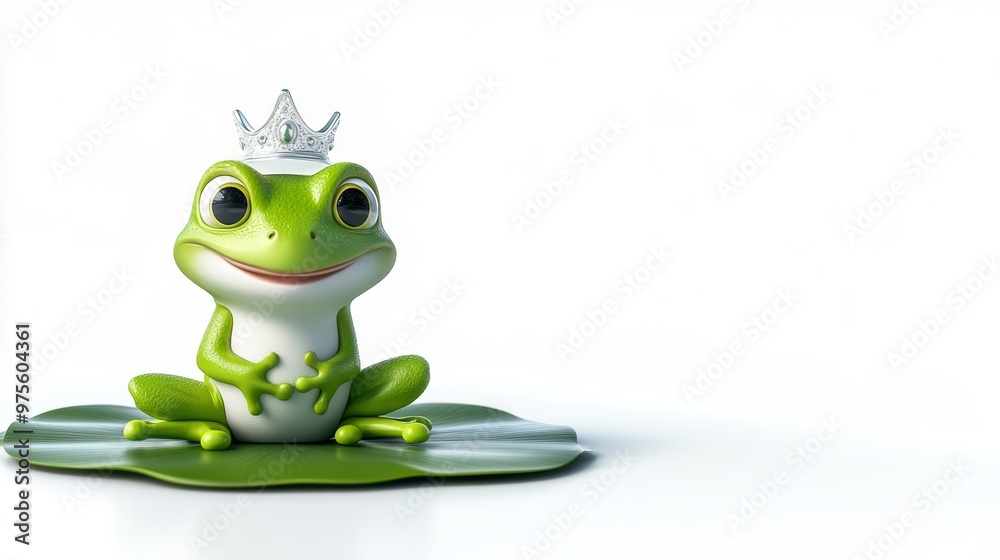 Cute Green Frog with Crown Sitting on Lily Pad