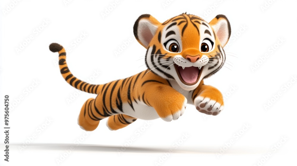 Cute Cartoon Tiger Cub Jumping in the Air with a White Background Cute Cartoon Tiger Cub Jumping in the Air with a White Background