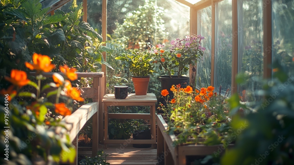 A serene greenhouse filled with vibrant flowers and plants, showcasing nature's beauty and tranquility. A serene greenhouse filled with vibrant flowers and plants, showcasing nature's beauty and tranquility.