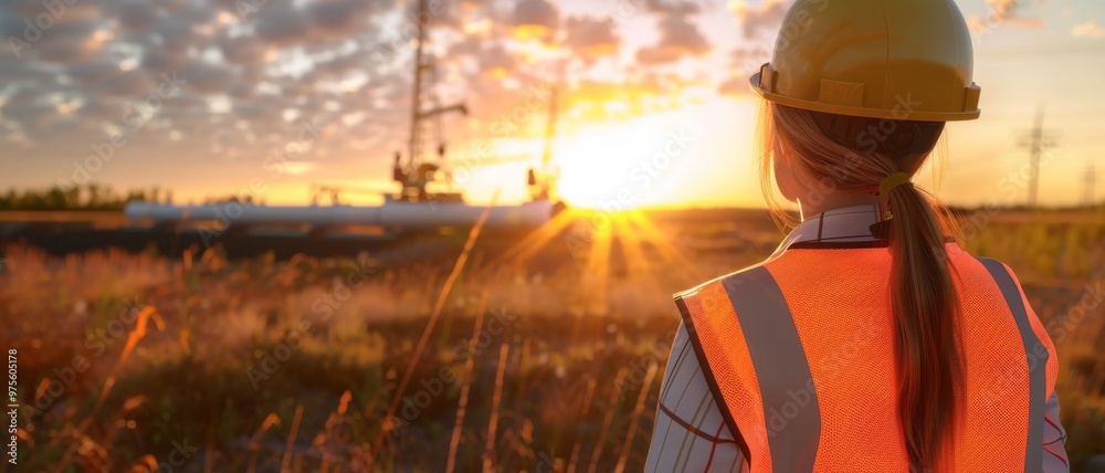 A woman in a hard hat and safety vest gazes at the sunset over an industrial oil drilling site, bathed in warm, golden light. A woman in a hard hat and safety vest gazes at the sunset over an industrial oil drilling site, bathed in warm, golden light.