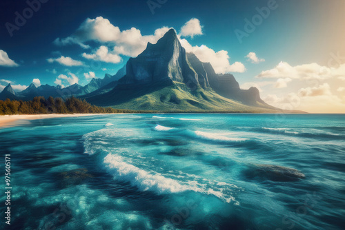 A stunning view of the mountain as seen from the ocean, the majestic, rugged peak of the mountain rising prominently against the backdrop of a clear, blue sky