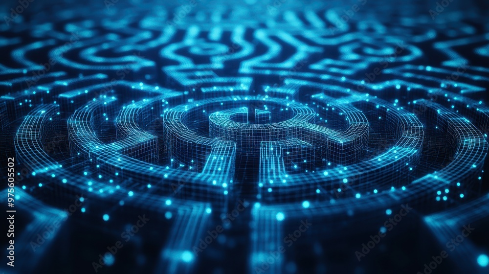 A mesmerizing blue digital maze pattern formed by glowing data points, evoking a sense of technological depth and complexity.