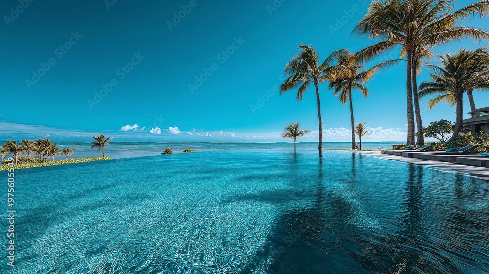 Fototapeta premium A serene infinity pool overlooking a tranquil ocean with palm trees, creating a relaxing atmosphere.