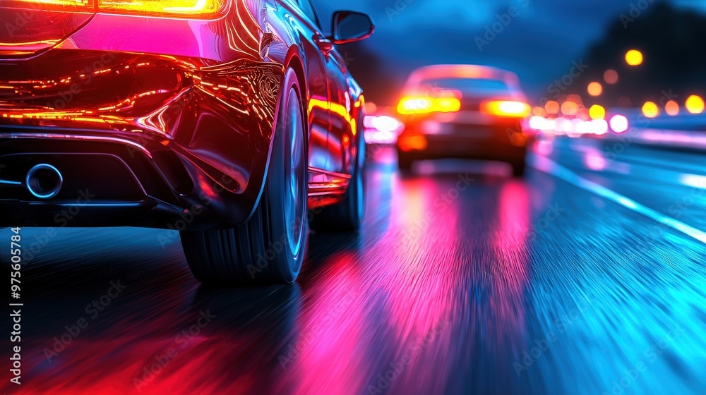 Fototapeta premium Fast Car Driving on Wet Road at Night with Neon Lights