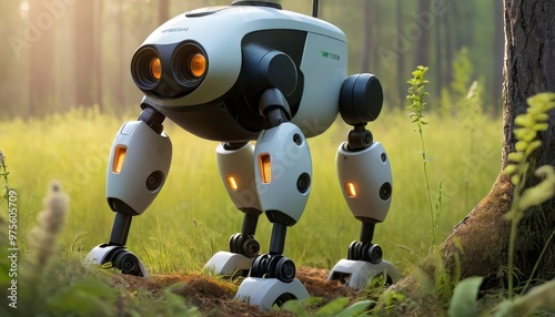 A modern, quadrupedal robot explores a serene forest bathed in sunlight. The robot. AI Generation photo