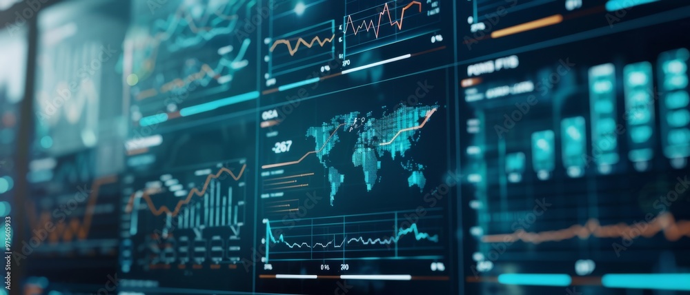 A digital screen filled with global financial data, including stock market trends and world maps, indicates an intensive focus on international trade and economics. A digital screen filled with global financial data, including stock market trends and world maps, indicates an intensive focus on international trade and economics.