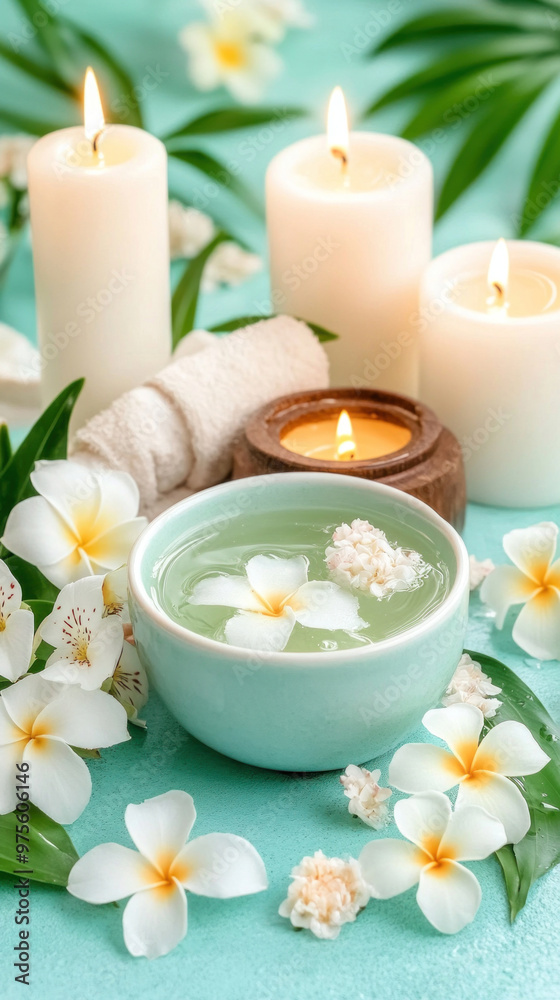Coconut oil is poured into a small dish for a relaxing massage, with candles and tropical flowers adding to the spa atmosphere. Coconut oil is poured into a small dish for a relaxing massage, with candles and tropical flowers adding to the spa atmosphere.