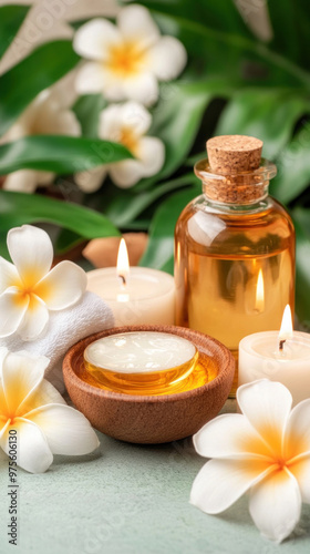 Coconut oil is poured into a small dish for a relaxing massage, with candles and tropical flowers adding to the spa atmosphere.