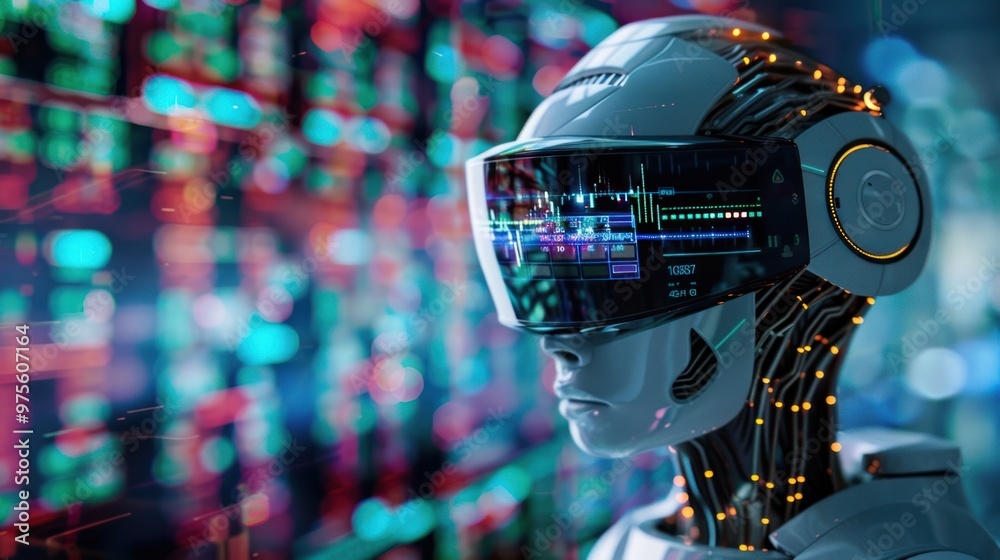 Futuristic cyborg figure wearing a holographic headset for an immersive virtual reality experience  The advanced technology interface allows for digital data visualization gaming