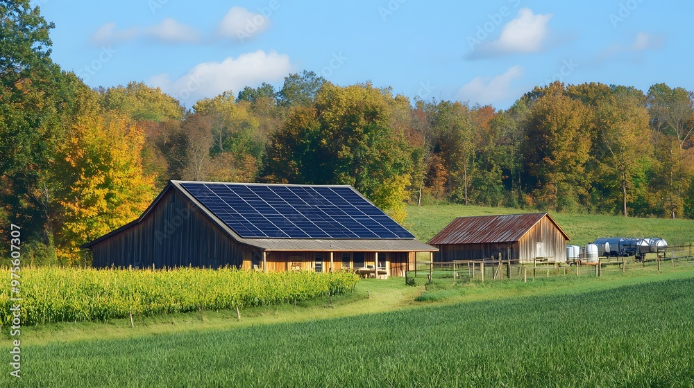 Solar panels on a rural farm providing energy for the farm buildings Solar panels on a rural farm providing energy for the farm buildings