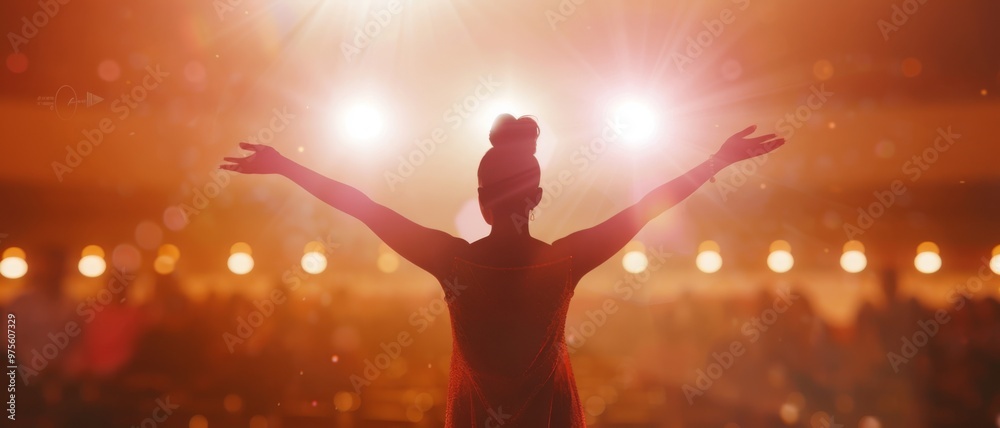 A woman with arms outstretched basks in the glow of stage lights, capturing the energy and anticipation of a performance. A woman with arms outstretched basks in the glow of stage lights, capturing the energy and anticipation of a performance.