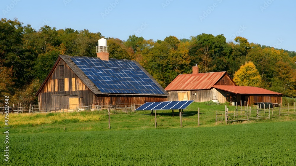 Solar panels on a rural farm providing energy for the farm buildings Solar panels on a rural farm providing energy for the farm buildings