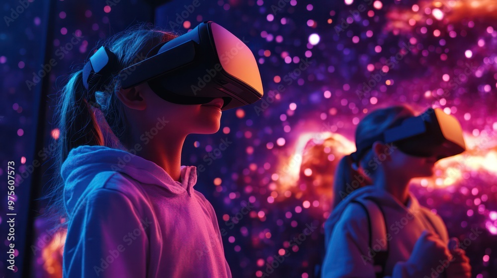 Space in virtual reality, with users experiencing the cosmos through immersive VR technology, offering educational and exploratory possibilities. Space in virtual reality, with users experiencing the cosmos through immersive VR technology, offering educational and exploratory possibilities.