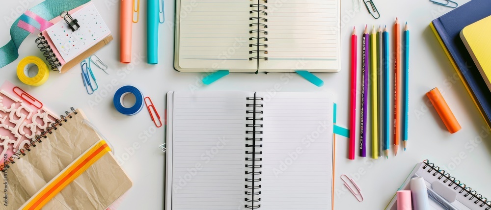 A vibrant collection of notebooks, pencils, and office supplies artistically spread out, ready for a productive and colorful day of work or study. A vibrant collection of notebooks, pencils, and office supplies artistically spread out, ready for a productive and colorful day of work or study.