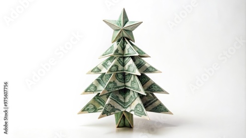 A intricately folded origami Christmas tree made from a single dollar bill, adorned with delicate branches and a star on top, against a clean white background.