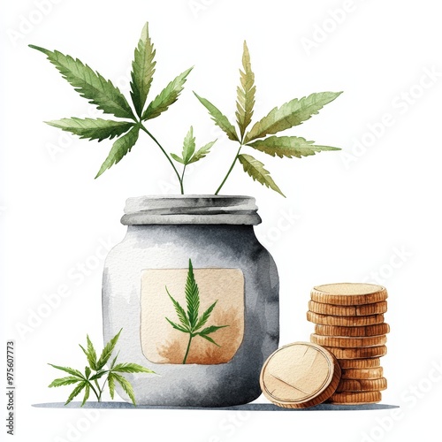 A stylish jar with cannabis leaves and coins symbolizes the growing industry of cannabis and its potential for investment. photo