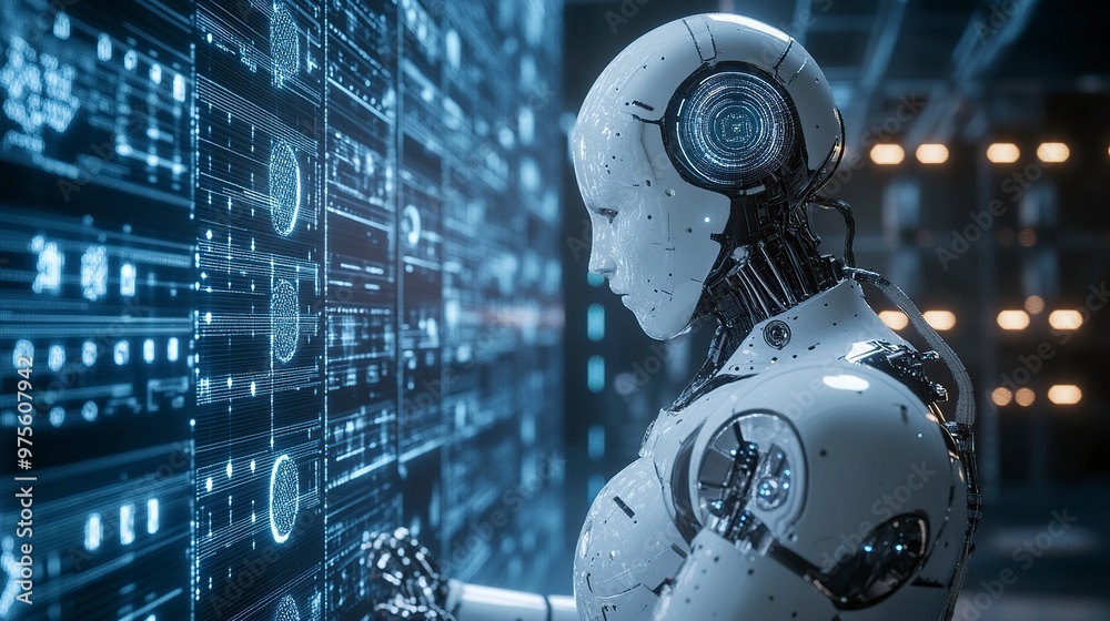 A humanoid robot interacting with a digital interface in a futuristic environment. A humanoid robot interacting with a digital interface in a futuristic environment.