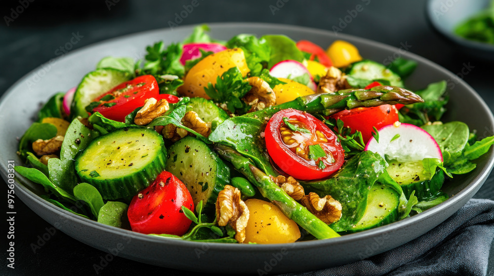 The asparagus salad is combined with mixed greens, walnuts, and a light olive oil dressing for a crunchy and refreshing dish. The asparagus salad is combined with mixed greens, walnuts, and a light olive oil dressing for a crunchy and refreshing dish.