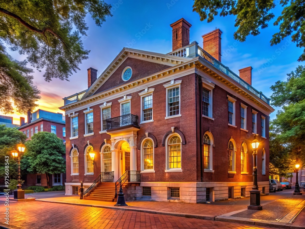 Salem MA family court building at dusk brick façade illuminated by Salem MA family court building at dusk brick façade illuminated by