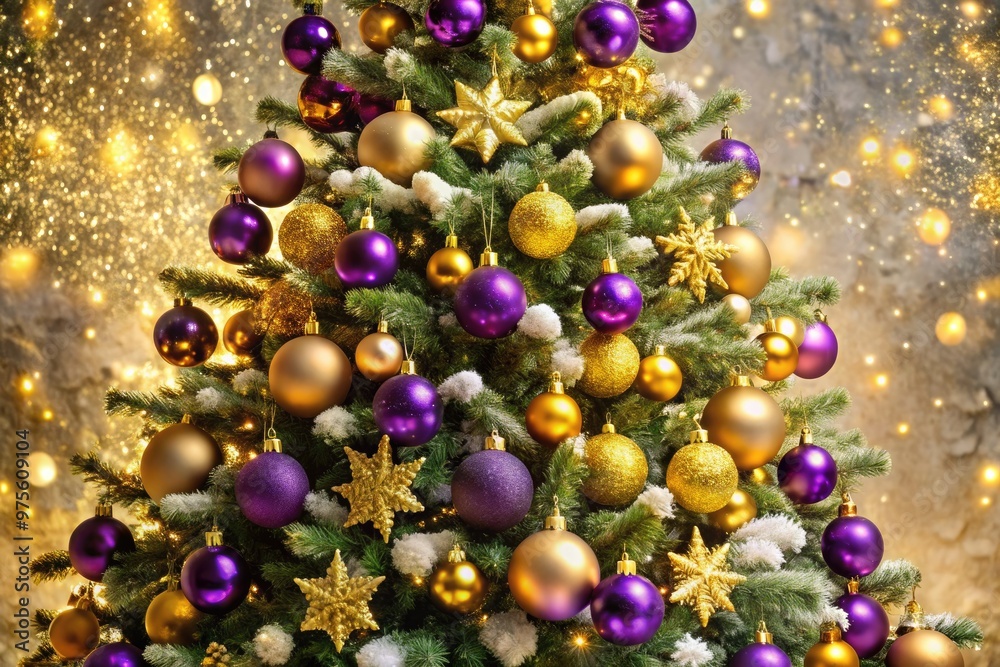 A majestic Christmas tree adorned with luxurious gold and rich purple ornaments, surrounded by soft snowflakes and twinkling string lights, exudes opulent holiday elegance. A majestic Christmas tree adorned with luxurious gold and rich purple ornaments, surrounded by soft snowflakes and twinkling string lights, exudes opulent holiday elegance.