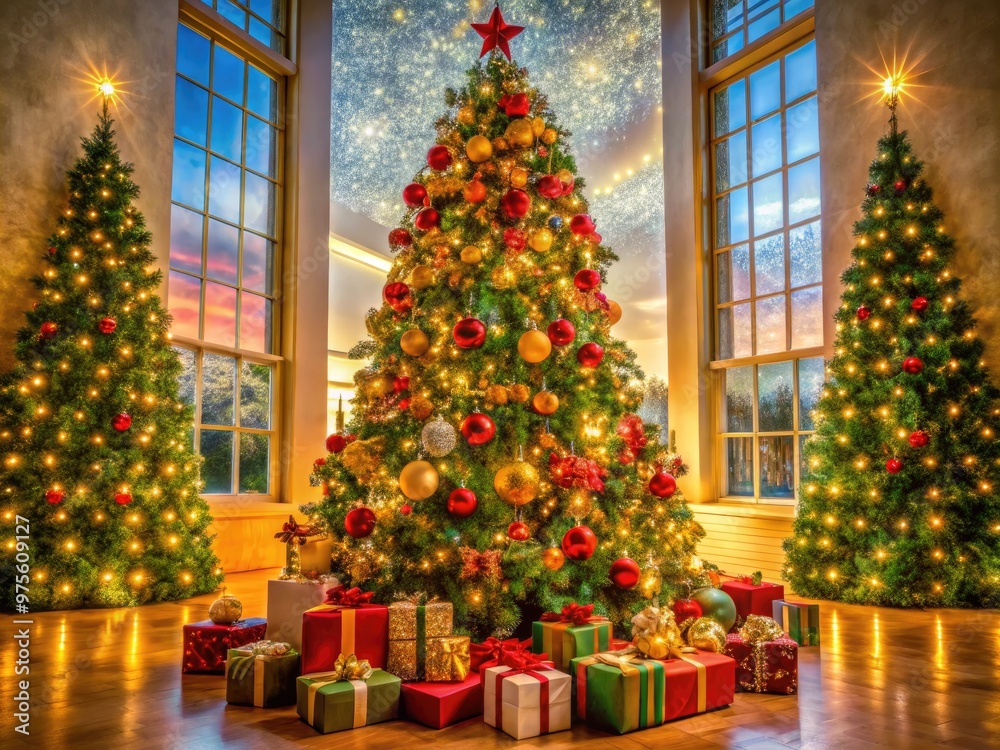 A majestic Christmas tree stands tall, laden with an abundance of vibrantly wrapped gifts, sparkling ornaments, and twinkling lights, evoking a sense of festivejoy. A majestic Christmas tree stands tall, laden with an abundance of vibrantly wrapped gifts, sparkling ornaments, and twinkling lights, evoking a sense of festivejoy.