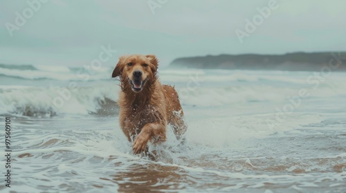 Golden retriever plays joyfully in the ocean waves on a cloudy day while having fun at the beach.