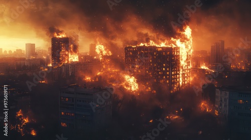 Flames spreading through a city in a fire disaster, with buildings ablaze and smoke filling the air. photo