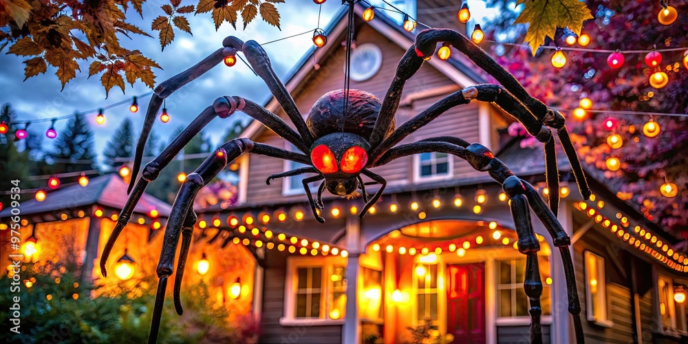 Fototapeta premium A massive, eerie black spider with glowing red eyes suspends from a porch roof, surrounded by orange and purple Halloween lights and fall foliage.
