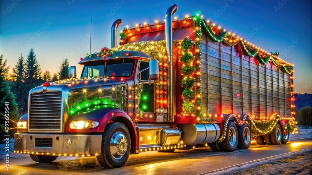 Naklejka premium A massive, festively decorated 18-wheel semi-trailer truck is adorned with glittering lights, garlands, and oversized ornaments, ready to deliver holiday cheer across the countryside.