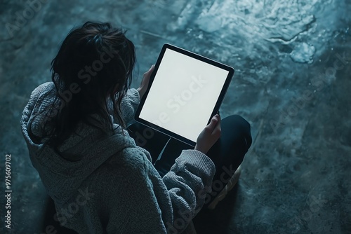 Person holding a tablet with a blank screen in a business setting, showing hands and digital technology photo