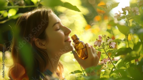 Woman Enjoying Aroma of Essential Oil Surrounded by Green Nature and Flowers