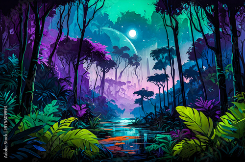 A jungle planet with thick, abstract trees and vibrant green canopies vector oil painting art illustration images.
