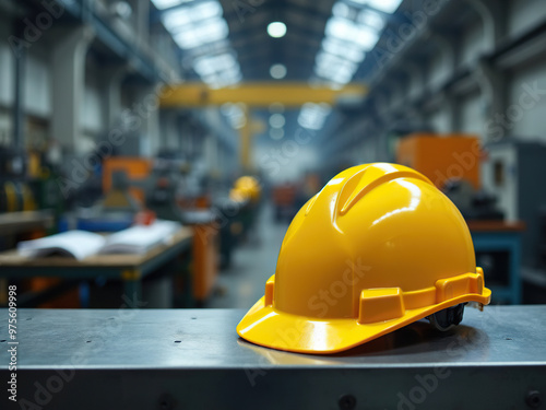 Close-up of a yellow safety helmet placed on a workbench in an industrial factory. Essential protective gear for workers in construction and manufacturing environments.