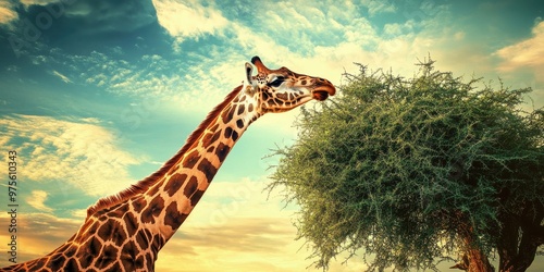 giraffe eating from a tall tree geographic photography style  photo