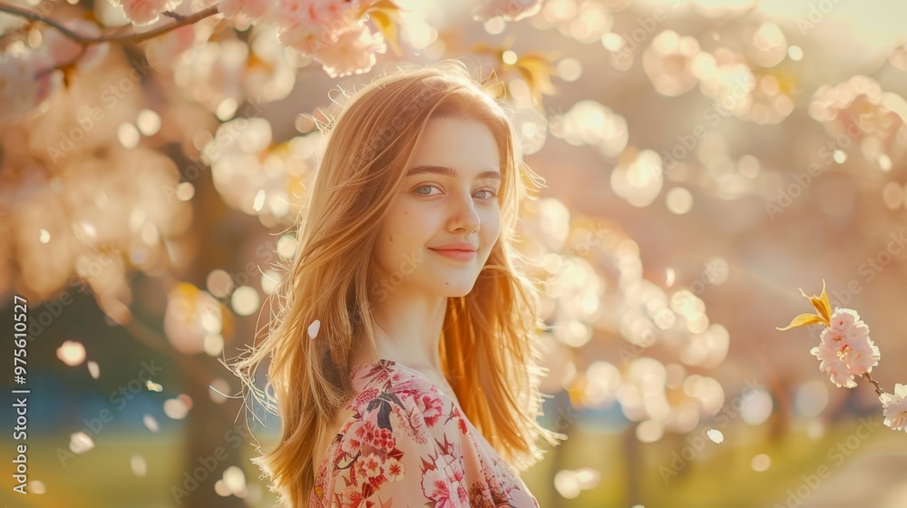 A young woman stands gracefully in a blossoming garden with soft sunlight. Trees bloom around her creating a serene, warm atmosphere. A young woman stands gracefully in a blossoming garden with soft sunlight. Trees bloom around her creating a serene, warm atmosphere.