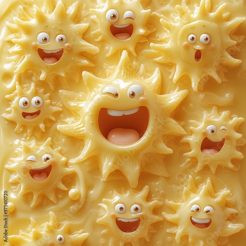 Playful cartoon suns with cheerful expressions in a vibrant yellow setting. photo