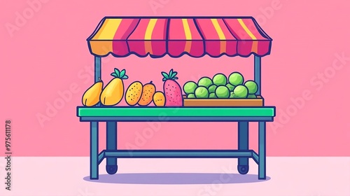 Colorful Fruit Stand with Striped Awning photo