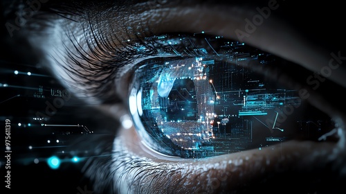 A close-up of a futuristic human eye with digital elements reflecting in the iris, representing advanced technology and cyber concepts.