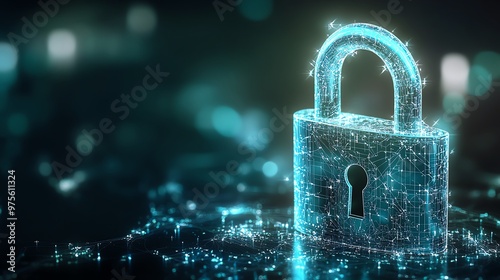 A digital padlock hologram representing cybersecurity, data protection, and secure technology in a futuristic background. photo