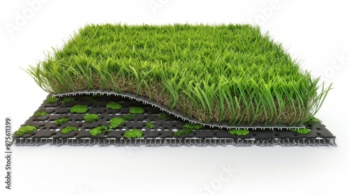 An artificial grass carpet with integrated drainage system features, shown in a cross-sectional view to highlight its functionality, on a white background.