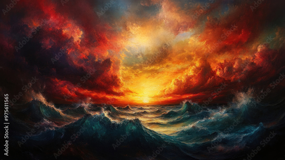 The horizon is ablaze with a fiery sunset, casting golden and red hues across the sky and ocean. The horizon is ablaze with a fiery sunset, casting golden and red hues across the sky and ocean.