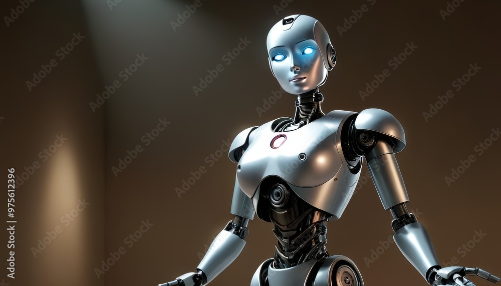 A sleek, futuristic humanoid robot is illuminated by a spotlight, showcasing its advanced design and technological features. The robot's glowing blue eyes and metallic body reflect the pinnacle of A sleek, futuristic humanoid robot is illuminated by a spotlight, showcasing its advanced design and technological features. The robot's glowing blue eyes and metallic body reflect the pinnacle of