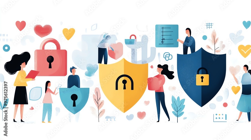 Fototapeta premium Illustration of people and shield symbols representing security and protection in a digital and community context.