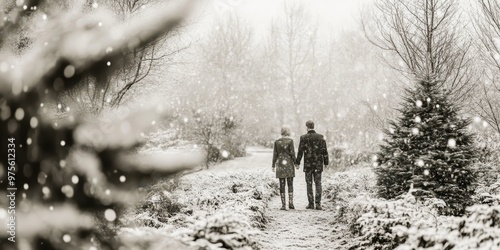 A couple holding hands by the Christmas tree photo