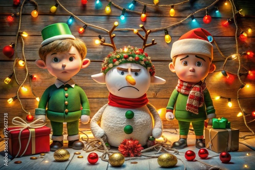 A scowling festive elf, grouchy reindeer, and cranky snowman sulk together amidst tangled lights, broken ornaments, and discarded wrapping paper in a chaotic holiday scene.