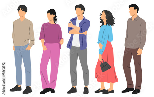  Set of young men and women , different colors, cartoon character, group of silhouettes of standing business people, students, design concept of flat icon, isolated on white background