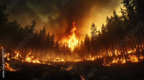 The image captures the intense heat and destruction of a forest blaze, as firefighters work to contain the flames. photo