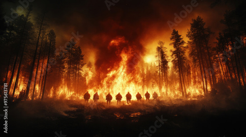 The image captures the intensity of a wildfire, with firefighters battling to contain the raging flames.