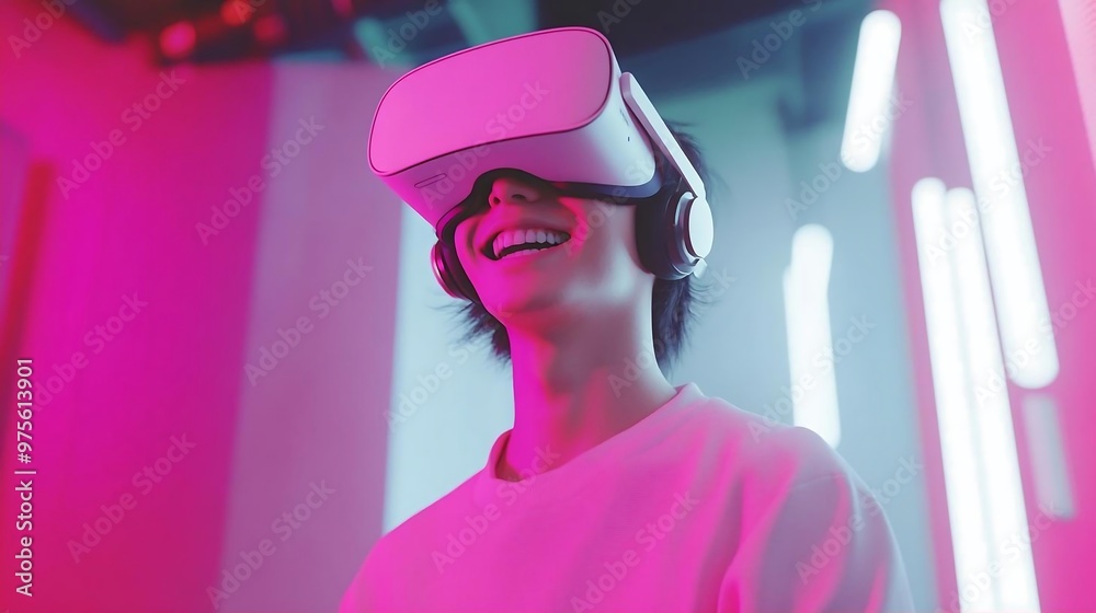 Happy Young Man Wearing Virtual Reality Headset with Neon Lights Happy Young Man Wearing Virtual Reality Headset with Neon Lights